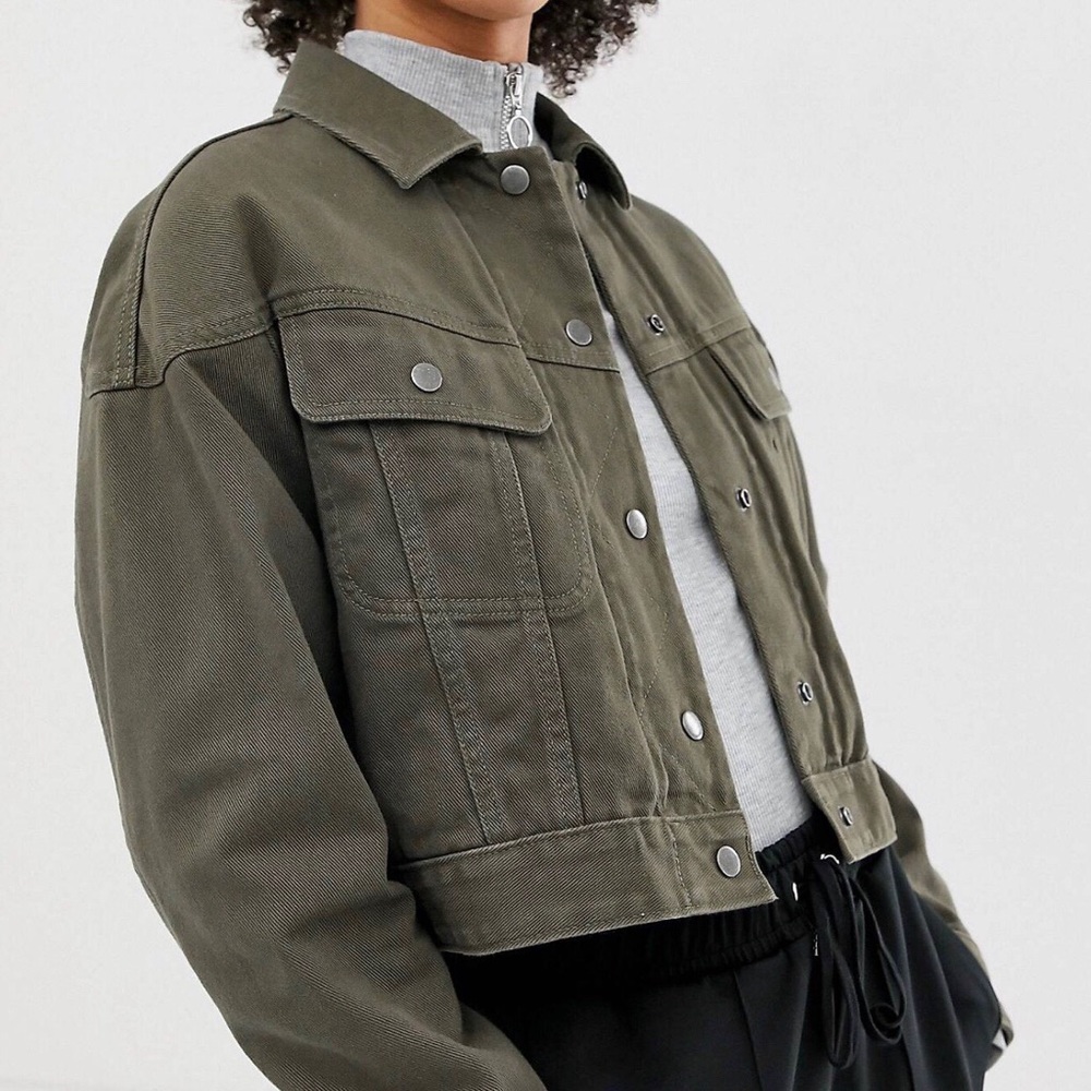 Denim cropped jacket with detachable orange vest